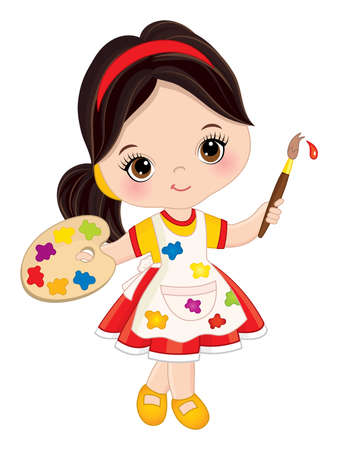 Vector Little Girl with Palette and Paint Brush. Vector Little Artistのイラスト素材