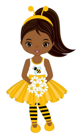 Beautiful Black Girl Wearing Bee Antenna Headband and Holding Bouquet of Flowersのイラスト素材