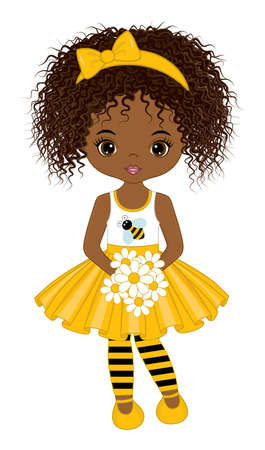 Beautiful Black Girl Wearing Bee Antenna Headband and Holding Bunch of Flowersのイラスト素材