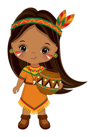 Cute Little Native American Indian Girl Holding Potのイラスト素材