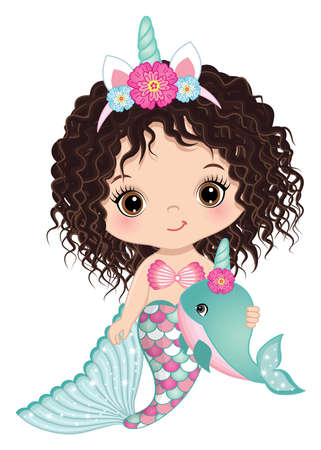 Cute Unicorn Baby Mermaid with Whaleのイラスト素材