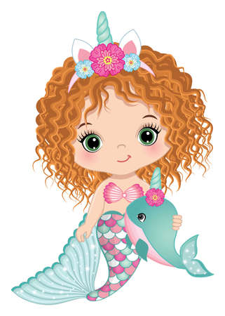 Cute Unicorn Baby Mermaid Holding Whaleのイラスト素材