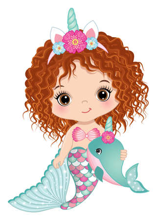 Cute Unicorn Baby Mermaid Holding Whaleのイラスト素材