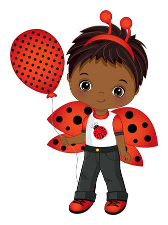 Cute Black Little Boy Wearing Ladybug Antenna and Holding Air Balloonのイラスト素材