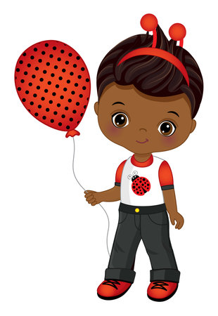 Cute Black Little Boy Wearing Ladybug Antenna and Holding Air Balloonのイラスト素材