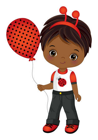 Cute Black Little Boy Wearing Ladybug Antenna and Holding Air Balloonのイラスト素材