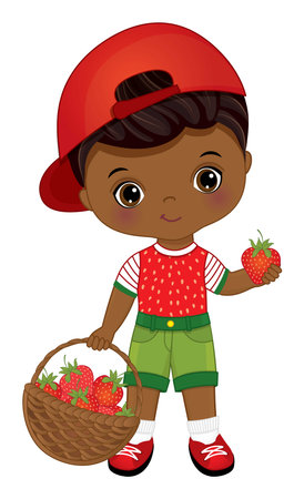 Cute African American Little Boy Carrying Basket of Strawberriesのイラスト素材