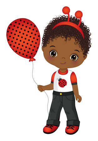 Cute Black Little Boy Wearing Ladybug Antenna and Holding Air Balloonのイラスト素材