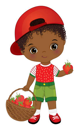 Cute African American Little Boy Carrying Basket of Strawberriesのイラスト素材