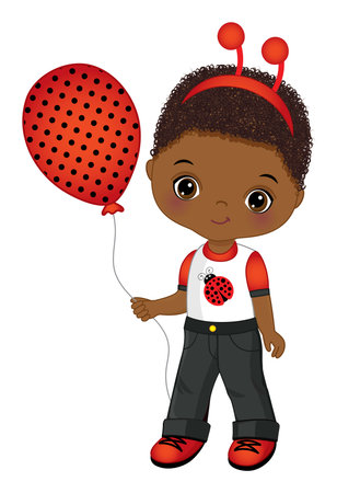 Cute Black Little Boy Wearing Ladybug Antenna and Holding Air Balloonのイラスト素材
