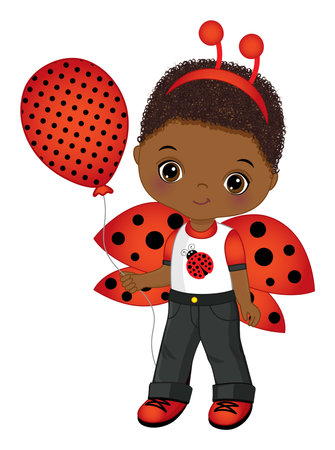 Cute Black Little Boy Wearing Ladybug Antenna and Holding Air Balloonのイラスト素材