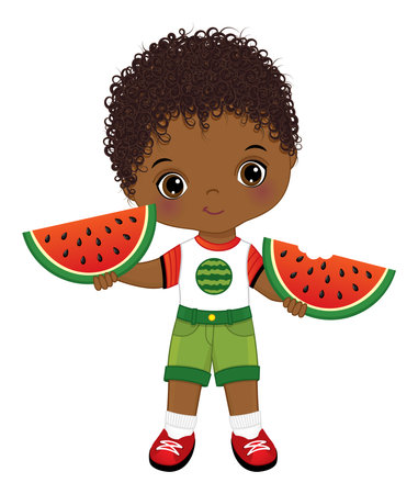 Cute African American Little Boy Holding Slices of Watermelonのイラスト素材