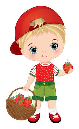 Cute Little Blond Boy with Basket of Strawberriesのイラスト素材