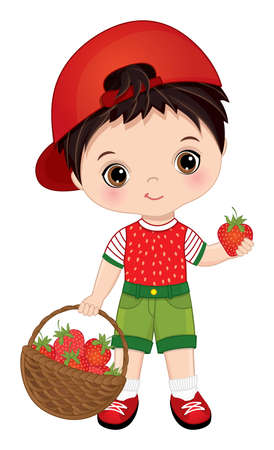 Cute Little Boy with Basket of Strawberriesのイラスト素材