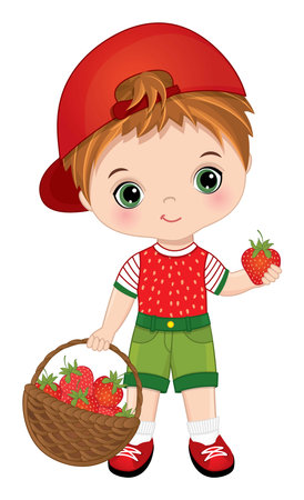 Cute Little Boy with Basket of Strawberriesのイラスト素材