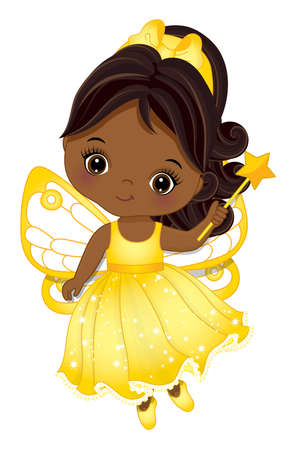 Cute African American Fairy Wearing Yellow Dress and Holding Magic Wandのイラスト素材