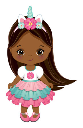 Cute African American Little Unicorn Baby Girlのイラスト素材