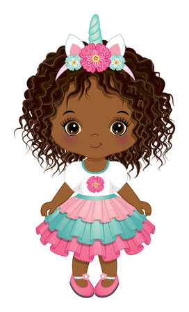 Cute African American Little Unicorn Baby Girlのイラスト素材