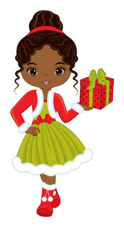Beautiful Black Girl Holding Christmas Gift Box. Vector Christmas Girlのイラスト素材