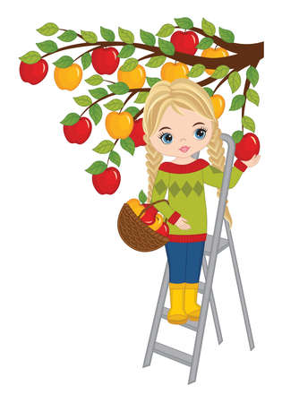 Vector Beautiful Girl Picking Apples from Treeのイラスト素材