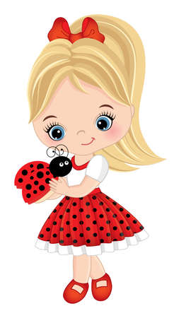 Vector Cute Little Blond Girl Holding Ladybugのイラスト素材