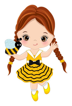 Vector Cute Little Redheaded Girl Catching Beeのイラスト素材