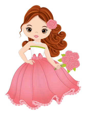 Vector Beautiful Girl in Pastel Pink Long Dress with Rosesのイラスト素材