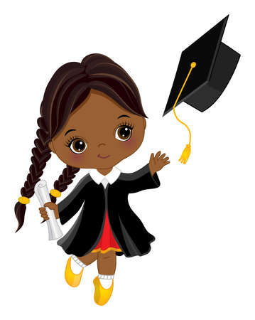 Graduation Cute Little Black Girl Holding Diploma. Vector Graduation Girlのイラスト素材