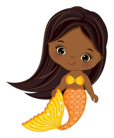 Cute Little Black Baby Mermaid Orange Fishtail. Vector Mermaidのイラスト素材