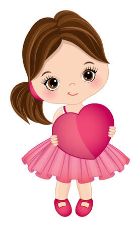 Cute Little Girl Wearing Pink Dress Holding Heartのイラスト素材