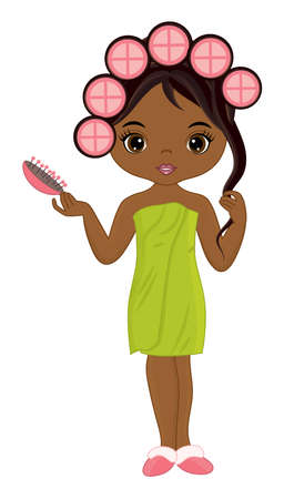 Cute Spa Black Girl Wrapping in Towel and Curling the Hair. Vector Spa Girlのイラスト素材