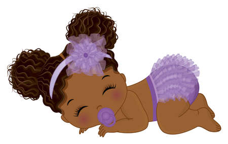 Cute Black Baby Girl in Purple Ruffled Diaperのイラスト素材