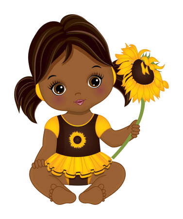 Cute African American Baby Girl Holding Sunflowerのイラスト素材