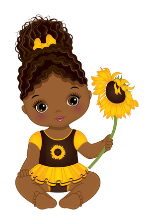 Cute African American Baby Girl Holding Sunflowerのイラスト素材