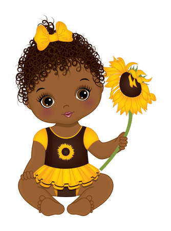 Cute African American Baby Girl Holding Sunflowerのイラスト素材