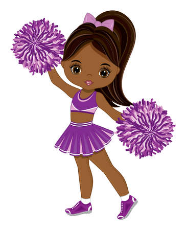 Cute African American Cheerleader Dancing with Pom Poms. Vector Black Cheerleaderのイラスト素材