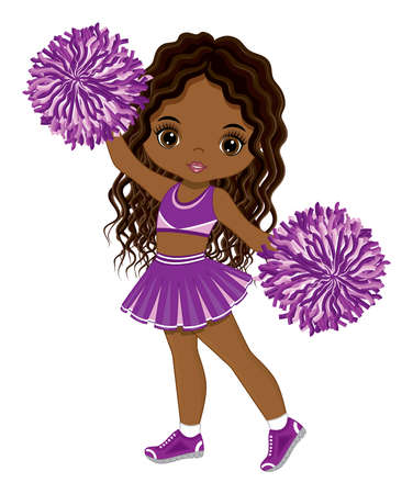 Cute African American Cheerleader Dancing with Pom Poms. Vector Black Cheerleaderのイラスト素材