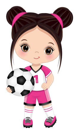 Cute Little Dark-Haired Girl Holding Soccer Ball. Vector Girl with Football Ballのイラスト素材
