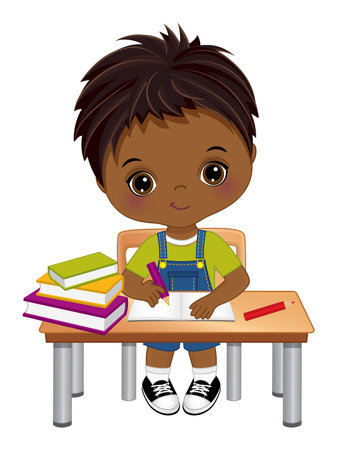 Cute Little African American Boy Sitting at Deskのイラスト素材