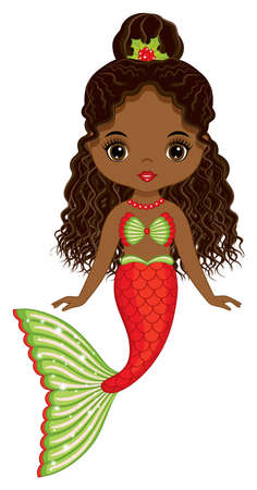 Beautiful Christmas African American Mermaid with Red and Green Fishtail. Vector Cute Black Mermaidのイラスト素材