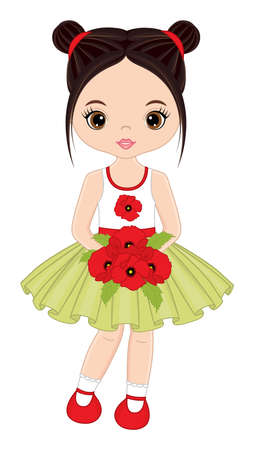 Beautiful Cute Girl Holding Bouquet of Red Poppiesのイラスト素材
