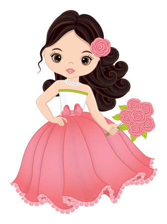 Vector Beautiful Young Girl Wearing Pastel Pink Long Dress and Holding Bouquet of Rosesのイラスト素材