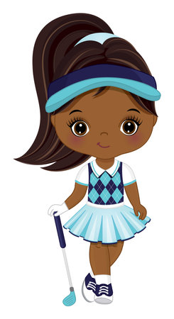 Cute Little African American Girl Playing Golf. Vector Little Girl Golferのイラスト素材