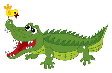 Vector Cute Cartoon Crocodile with the Birdのイラスト素材