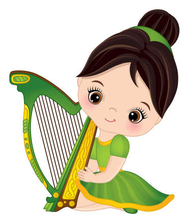 Cute Little Girl Playing Harp to CelebrateSt. Patrick Day. Vector Saint Patrick Dayのイラスト素材