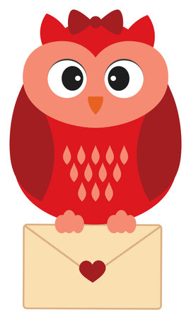 Cute Red Owl in Love with Bow Holding Love Letterのイラスト素材