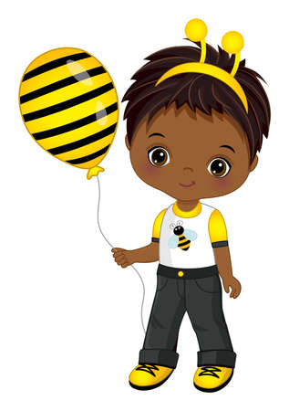 Cute Black Little Boy Wearing Bee Headband Antenna and Holding Striped Air Balloon. Vector Little Black Boyのイラスト素材