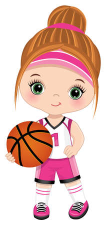 Cute Little Girl Playing Basketball. Vector Little Basketball Playerのイラスト素材