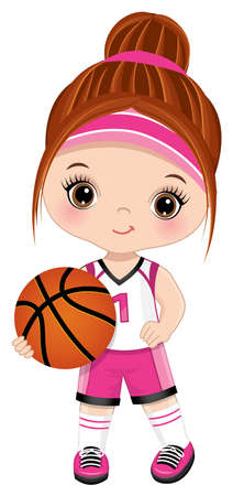 Cute Little Girl Playing Basketball. Vector Little Basketball Playerのイラスト素材
