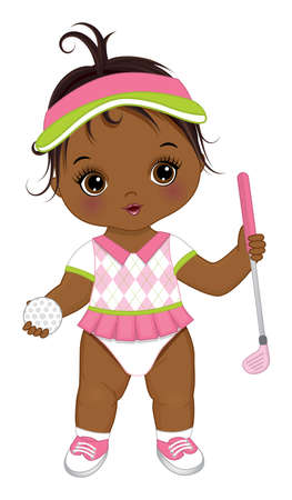 Vector Cute African American Baby Girl Holding Golf Club and Ball. Vector Golfer Girlのイラスト素材